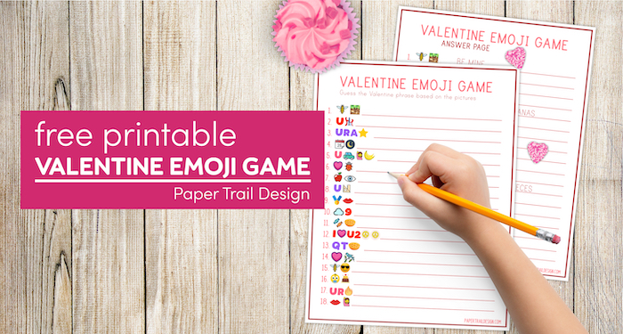 Valentine emoji guessing game with text overlay- free printable Valentine emoji game