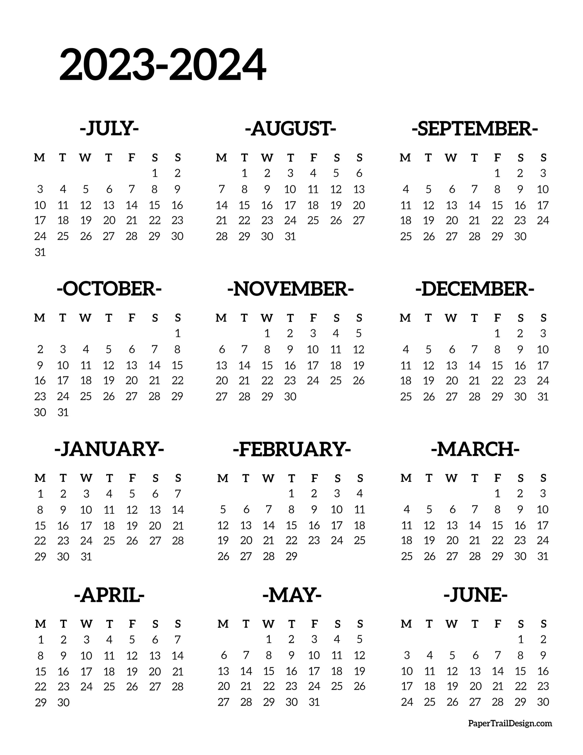 2023 2024 School Year Calendar Free Printable Paper Trail Design