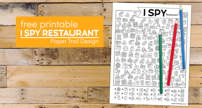 I spy restaurant themed activity page to print for free with text overlay- free printable I spy restaurant