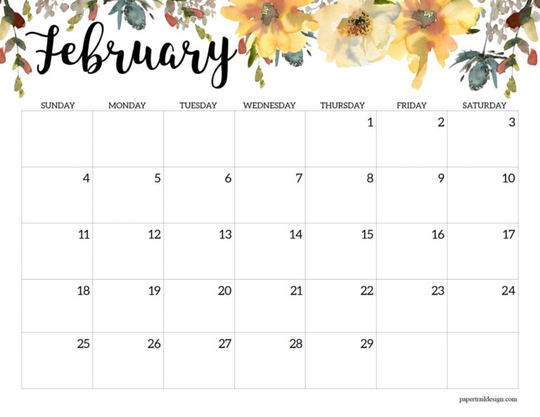 Horizontal Floral Printable Calendar 2025 Paper Trail Design