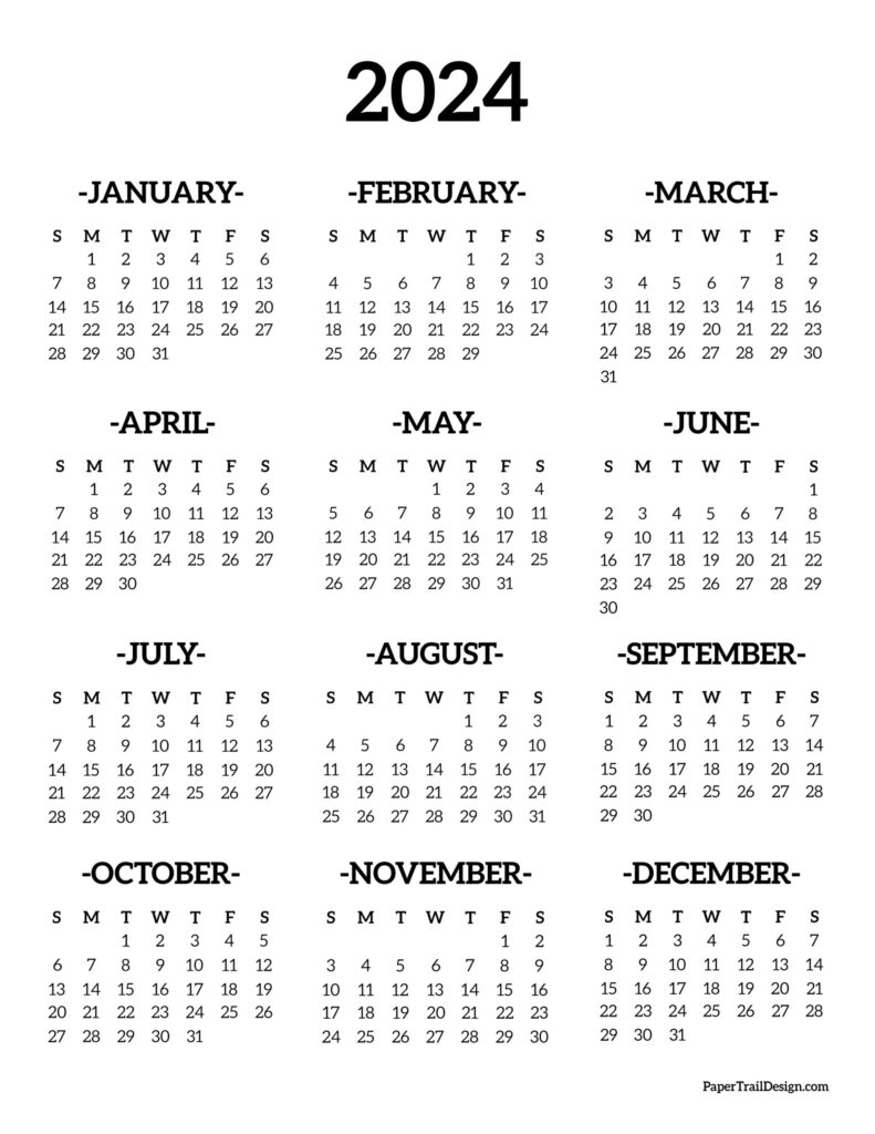 Calendar 2024 Printable One Page Paper Trail Design