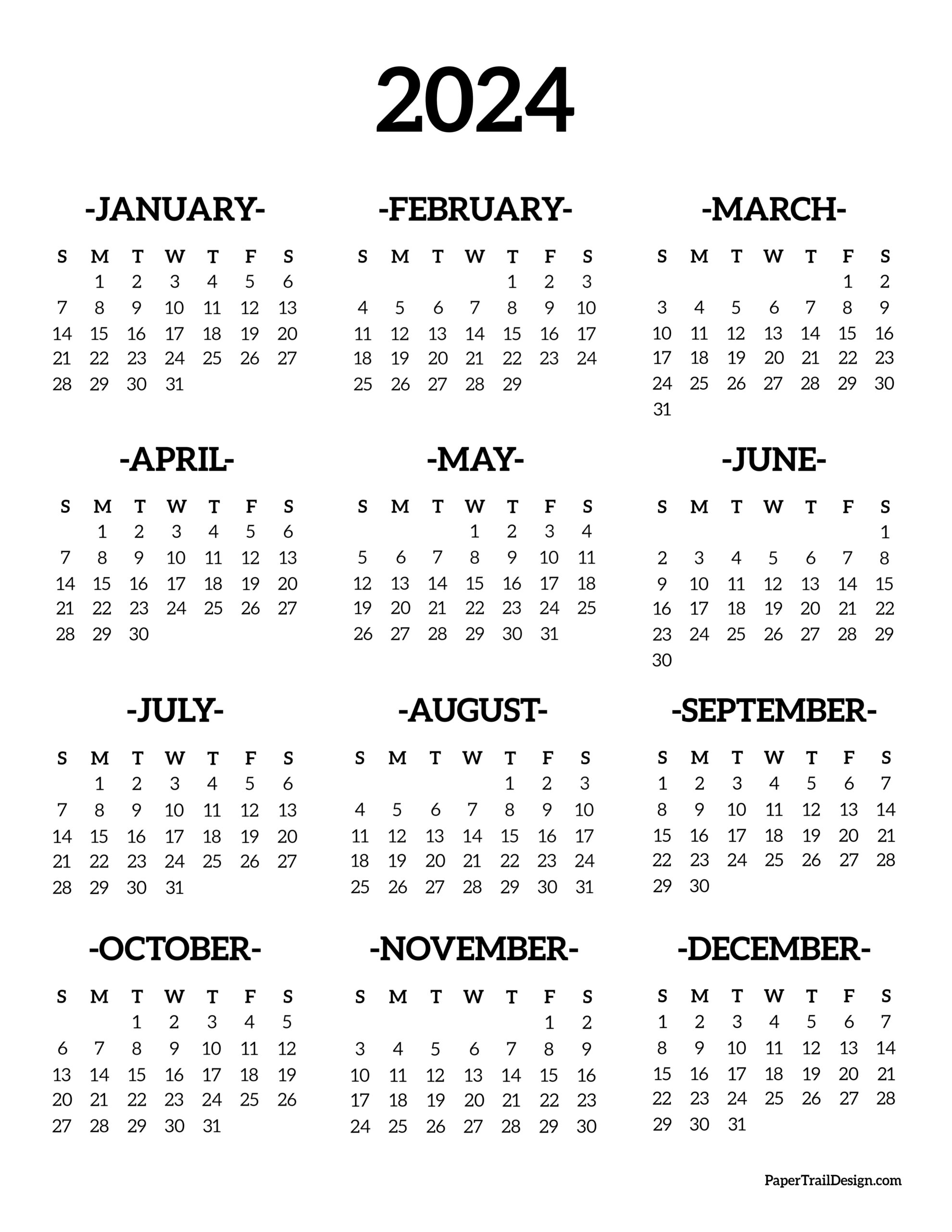2024 Calendar At A Glance Printable Free Pdf One Page Calendar 2024