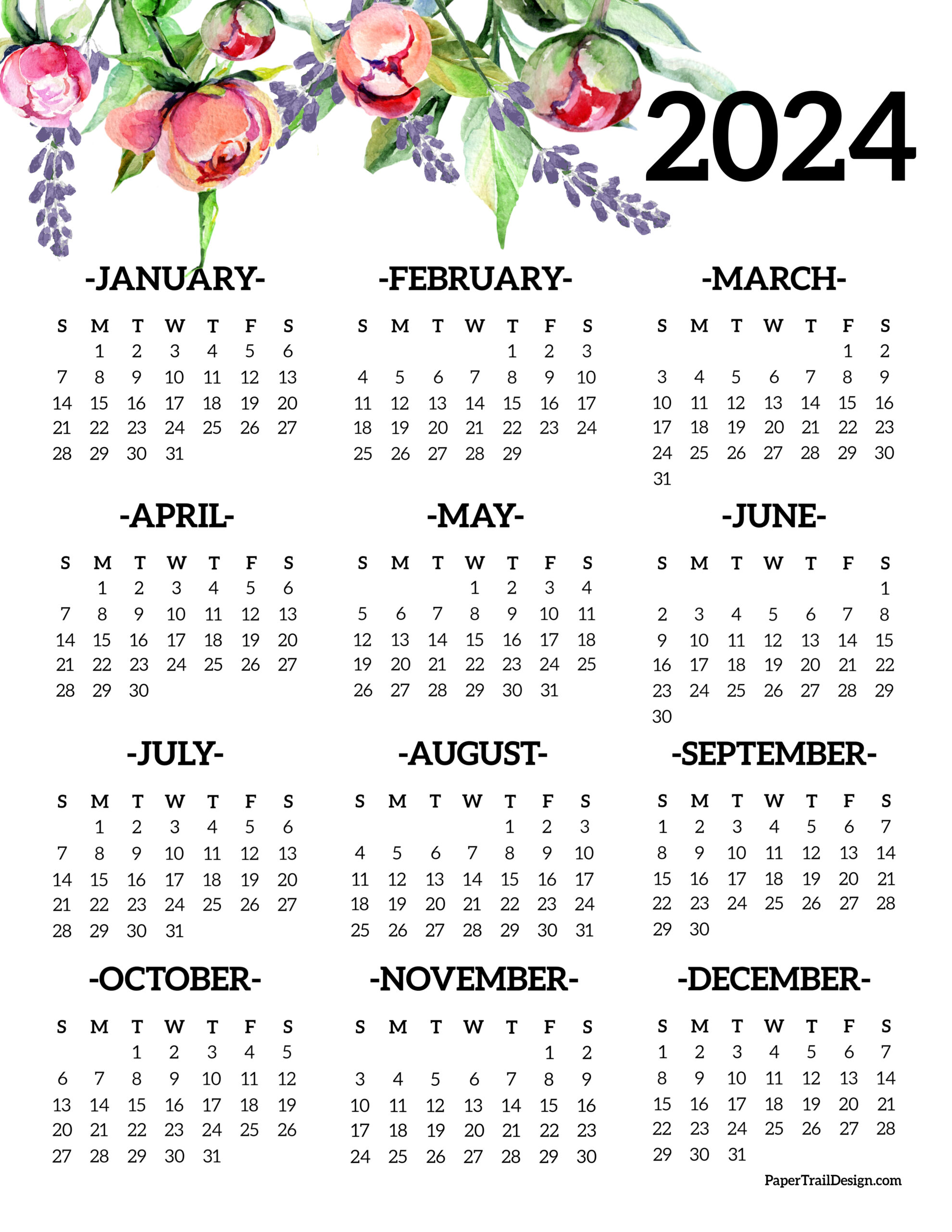 Year On One Page Calendar 2024 Binny Cheslie