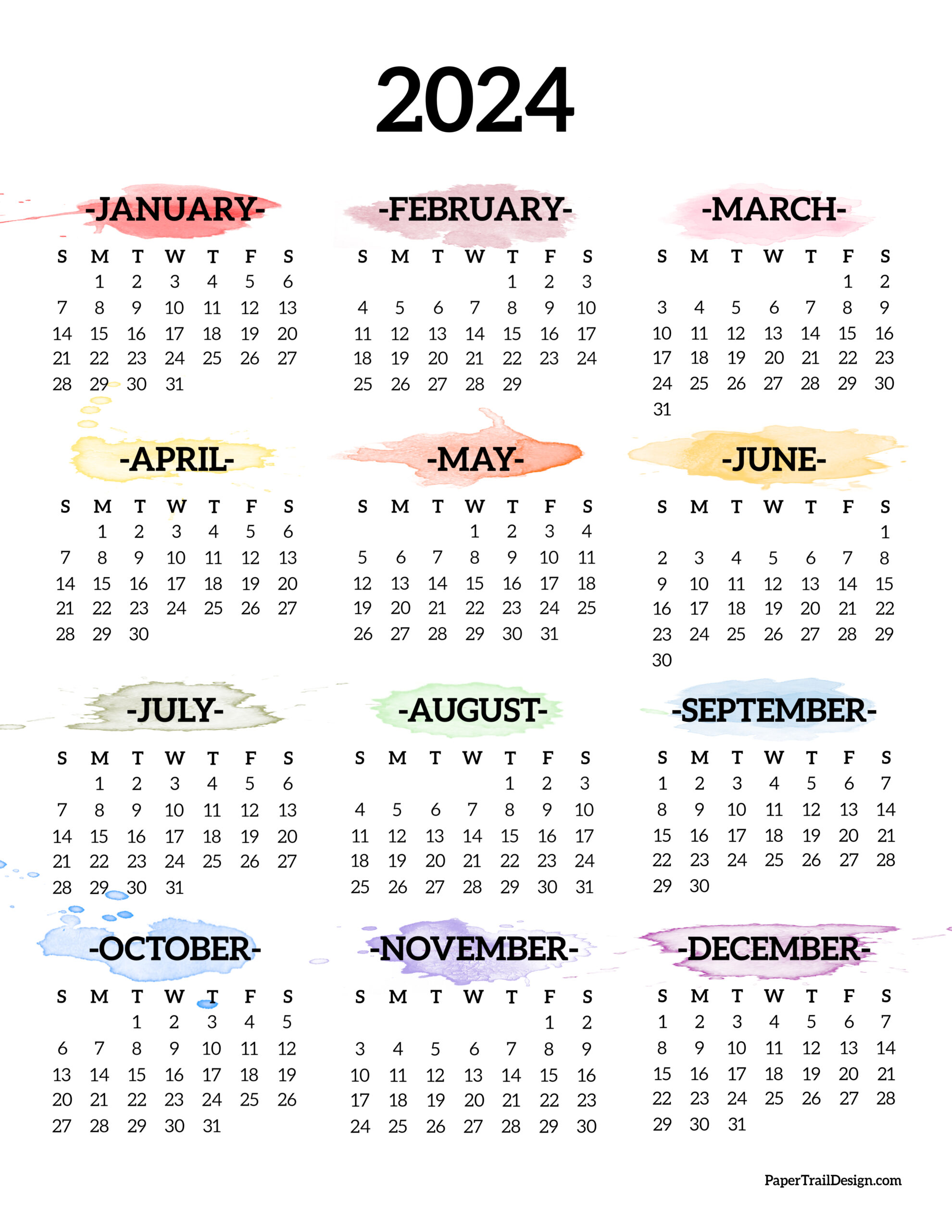 Calendar 2024 Printable One Page Paper Trail Design