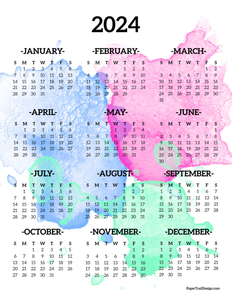 Calendar 2024 Printable One Page Paper Trail Design