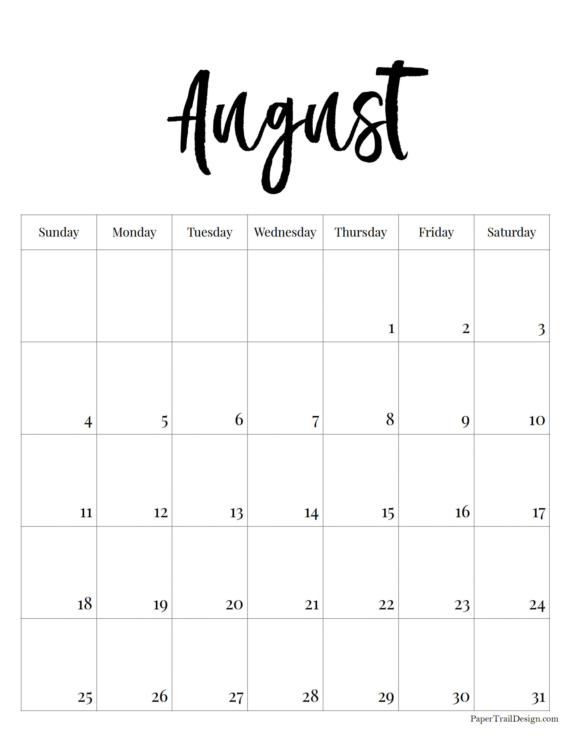 2025 Free Printable Monthly Calendar Paper Trail Design
