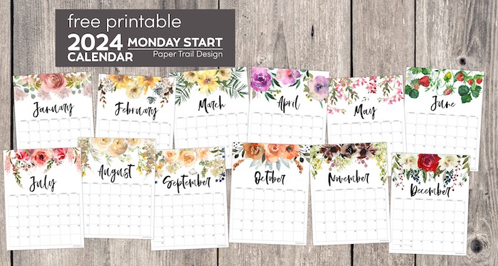Monday start 2024 calendar pages with floral design from January 2024 to December 2024 with text overlay- free printable 2024 Monday start calendar