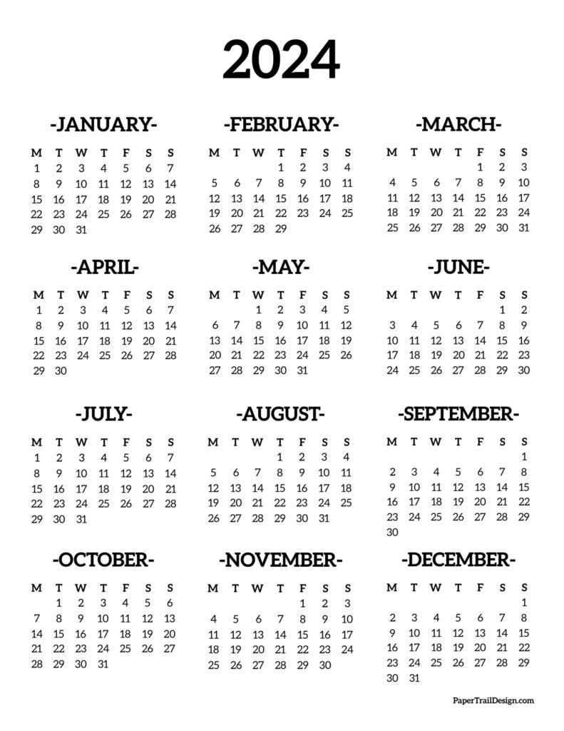 2024 Monday Start Calendar One Page Paper Trail Design