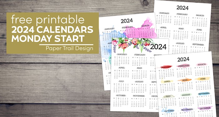 Floral, watercolor, and black and white 2024 Monday start one page calendar with text overlay- free printable 2024 Monday start calendars