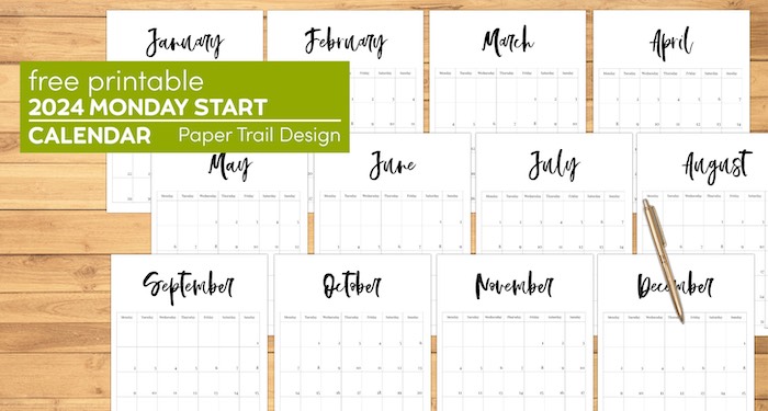 2024 Calendar Monday start monthly calendar pages with text overlay- free printable 2024 Monday start calendar