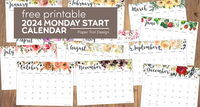 Monthly calendar pages with text overlay- free printable 2024 Monday start calendar