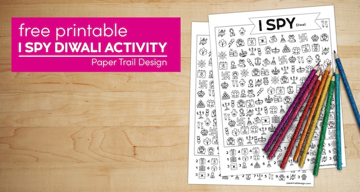 I spy diwali games with colored pencils with text overlay- free printable I spy diwali activity