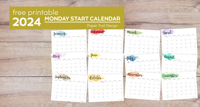 2024 Monday start Watercolor horizontal calendar with text overlay - free printable 2024 Monday start calendar