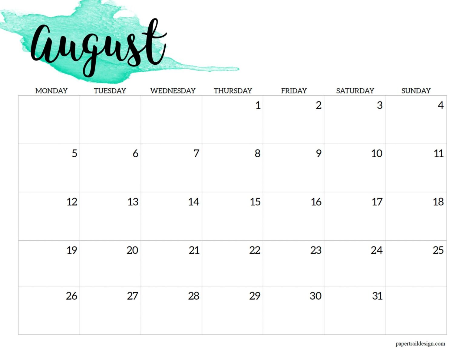 2024 Monday Start Calendar Printable Watercolor Paper Trail Design