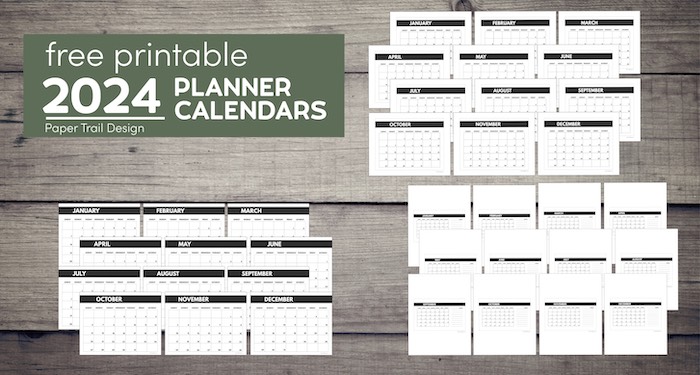Planner calendars in three different sizes that fit a happy planner with text overlay- free printable 2024 planner calendars