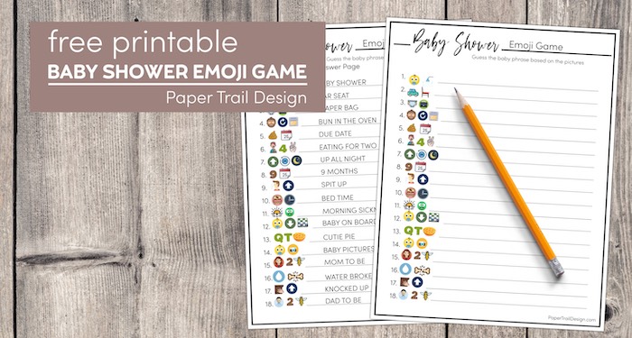 Baby shower emoji game with answers page with text overlay- free printable baby shower emoji game