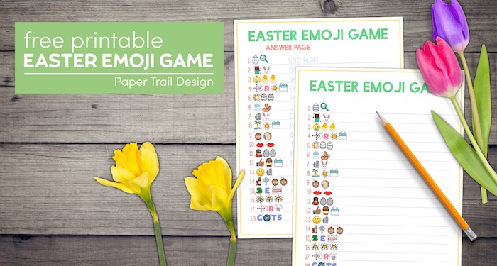 Easter emoji pictionary with Easter emoji pictionary answer page with text overlay- free printable Easter emoji game