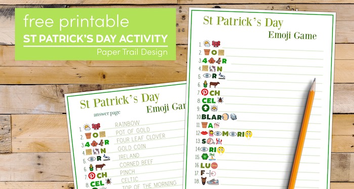 St Patrick's Day emoji game activity with answer sheet with text overlay- free printable St Patrick's Day activity