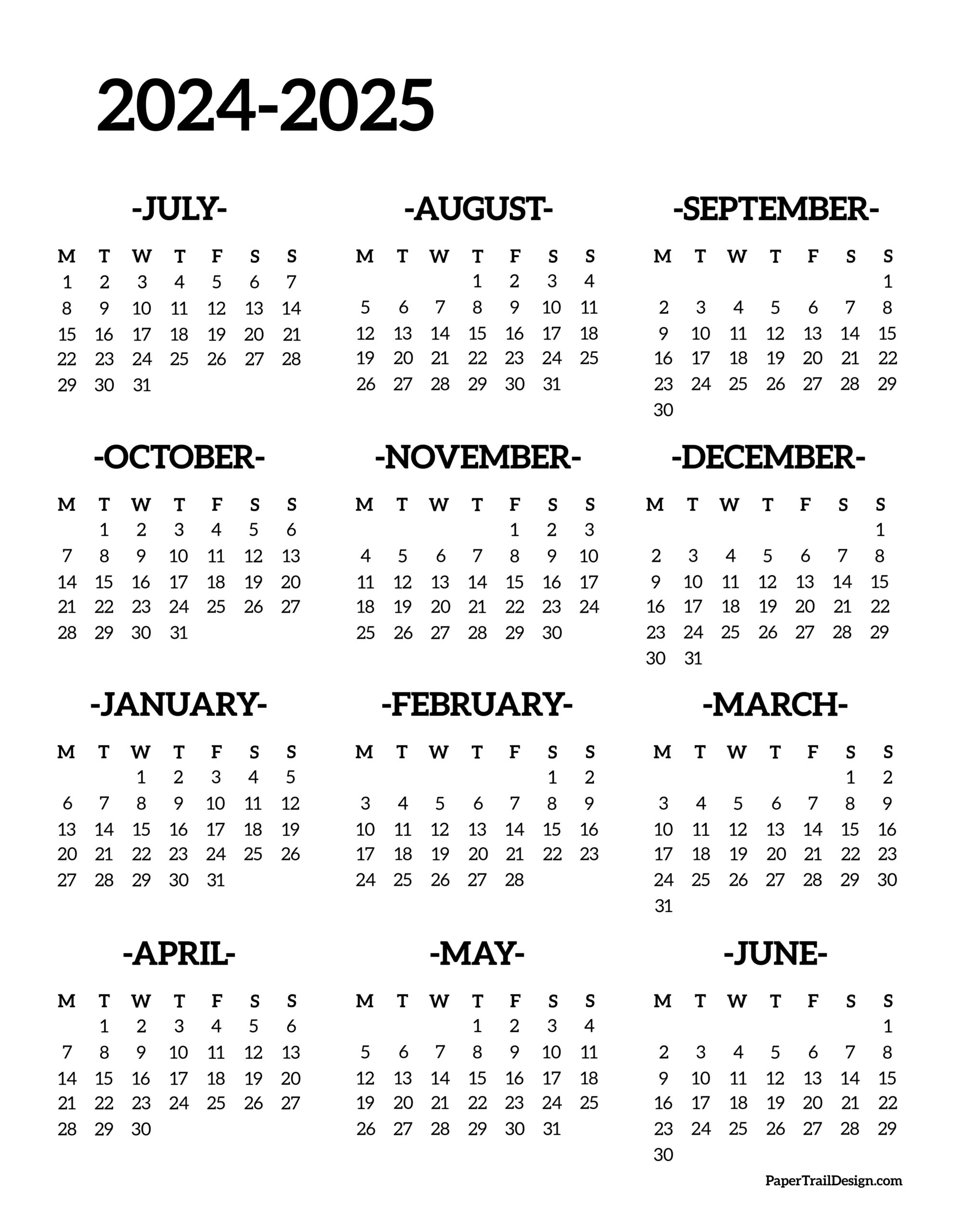 2024 2025 School Year Calendar Free Printable Paper Trail Design
