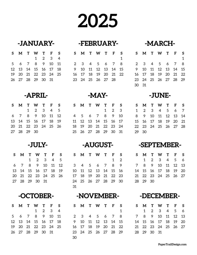 2025 One Page Calendar Printable Pdf 