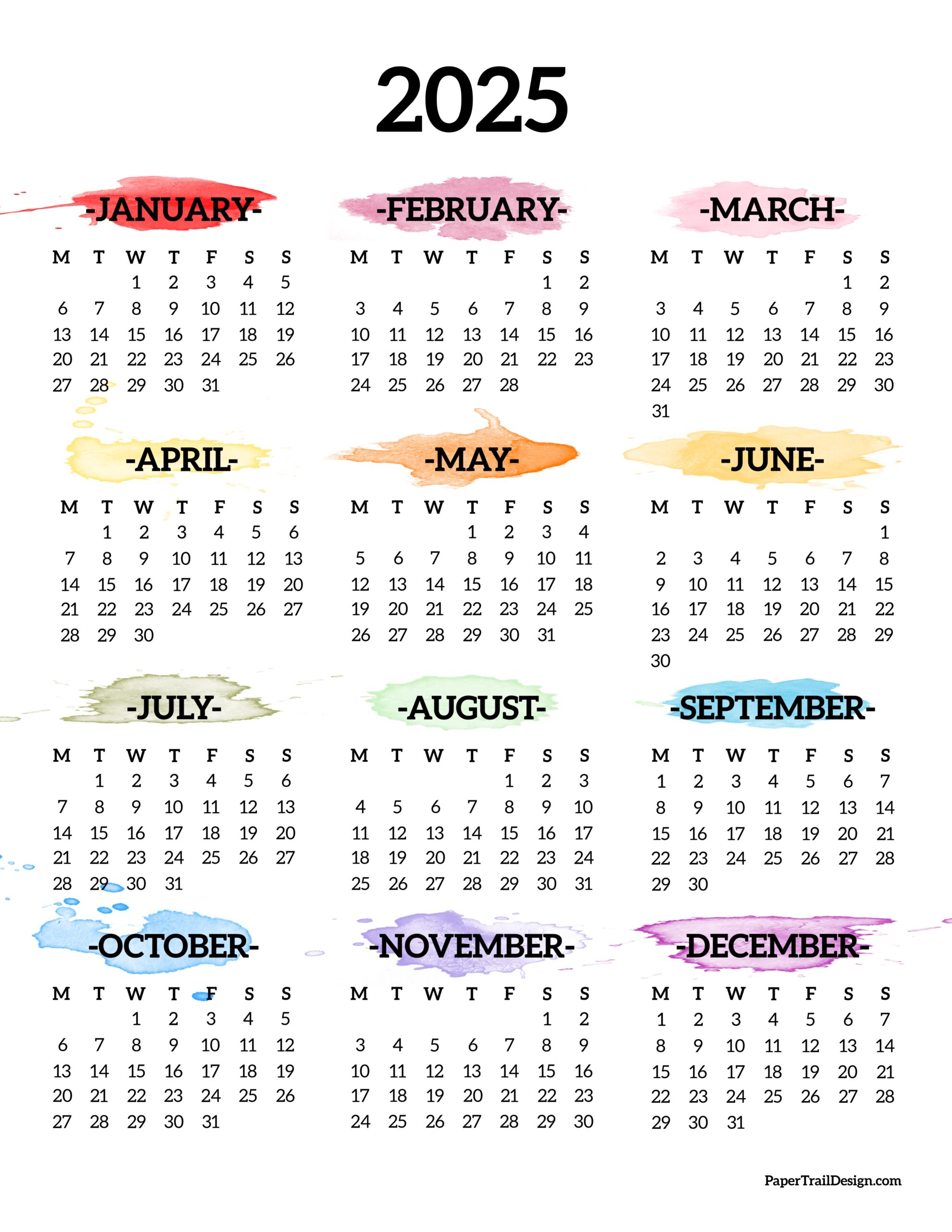 2025 Monday Start Calendar - One Page - Paper Trail Design