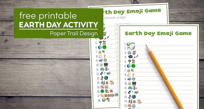 Earth Day activity page with Emoji answer sheet with text overlay- free printable Earth day activity