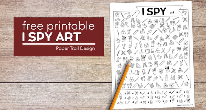 I spy art themed activity with text overlay- free printable I spy art