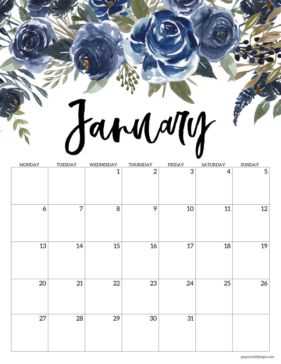 Free Printable 2025 Floral Calendar - Monday Start - Paper Trail Design