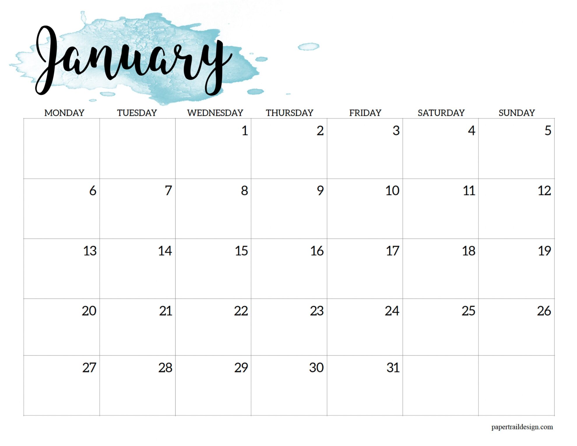 2025 Monday Start Calendar Printable - Watercolor - Paper