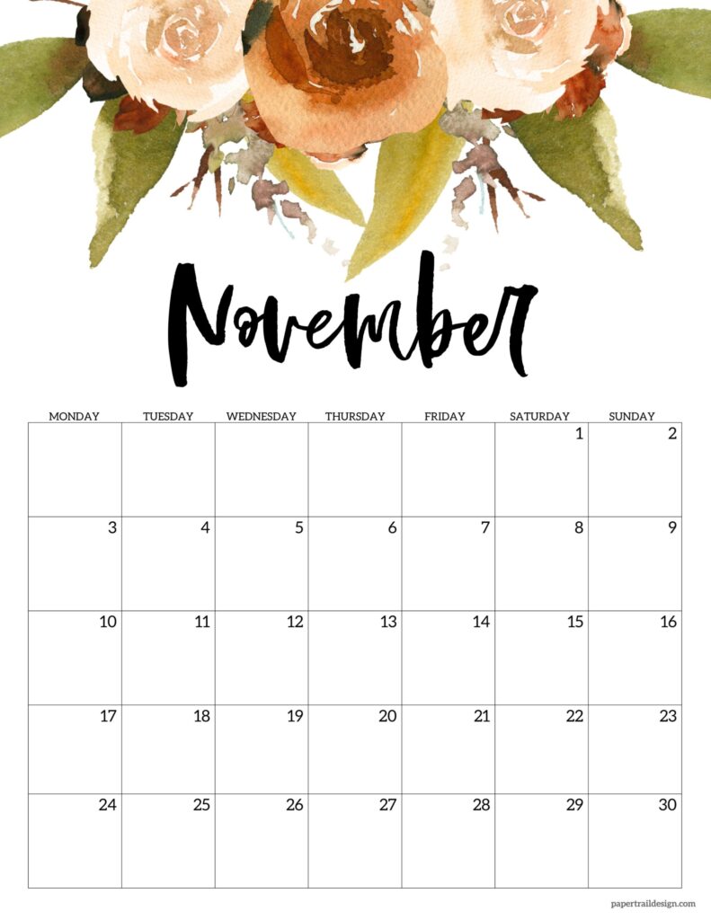 Free Printable 2025 Floral Calendar Monday Start Paper Trail Design