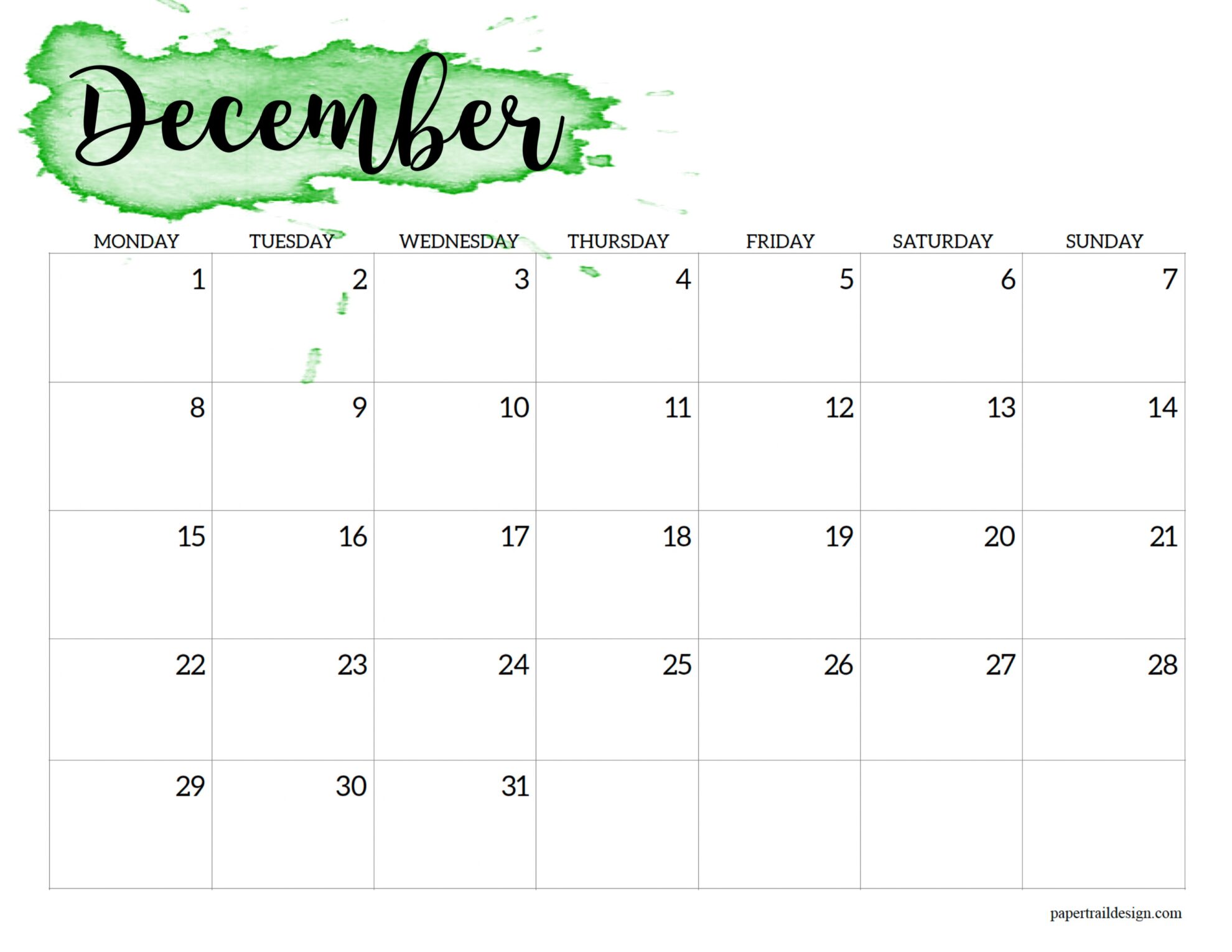 2025 Monday Start Calendar Printable - Watercolor - Paper Trail Design 2025-monday-start-calendar-printable-watercolor-paper-trail-design
