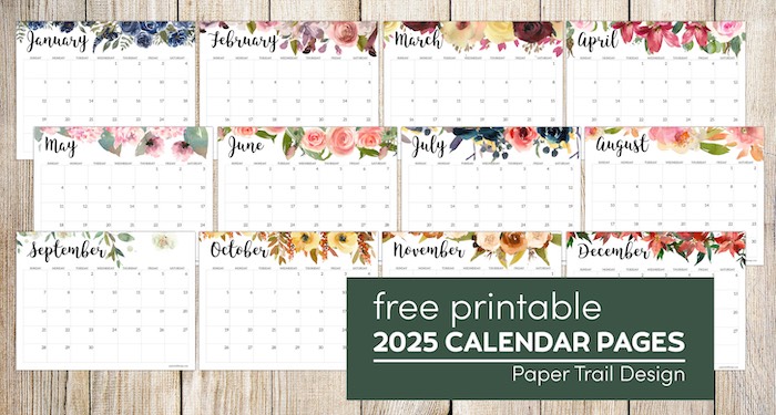 Horizontal 2025 calendars with floral design with text overlay- free printable calendar pages