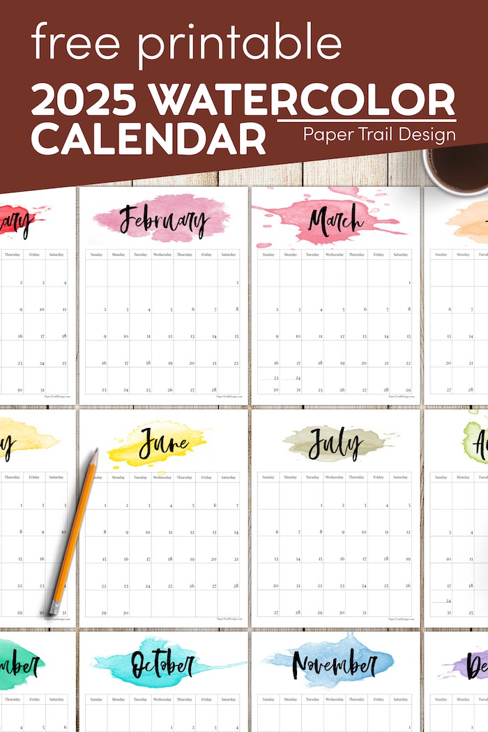 2025 Printable Calendar - Watercolor - Paper Trail Design