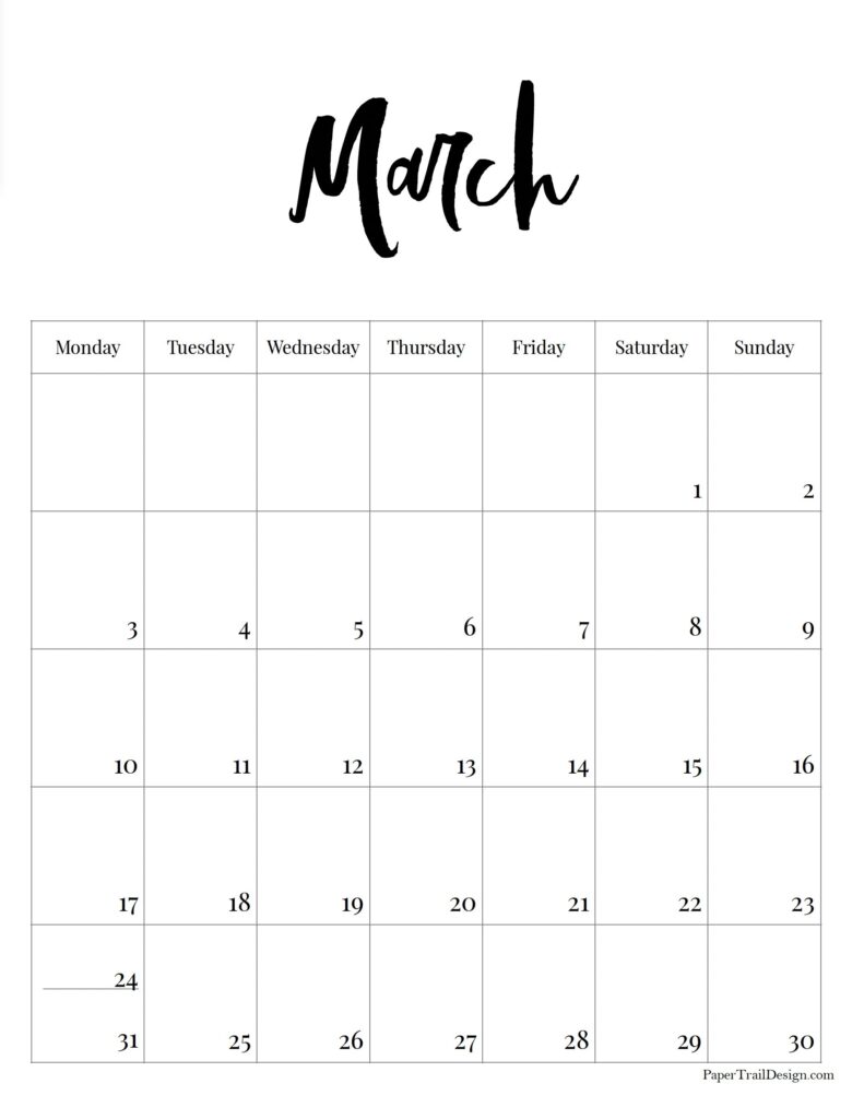 Vertical 2025 Monday Start Calendar - Paper Trail Design
