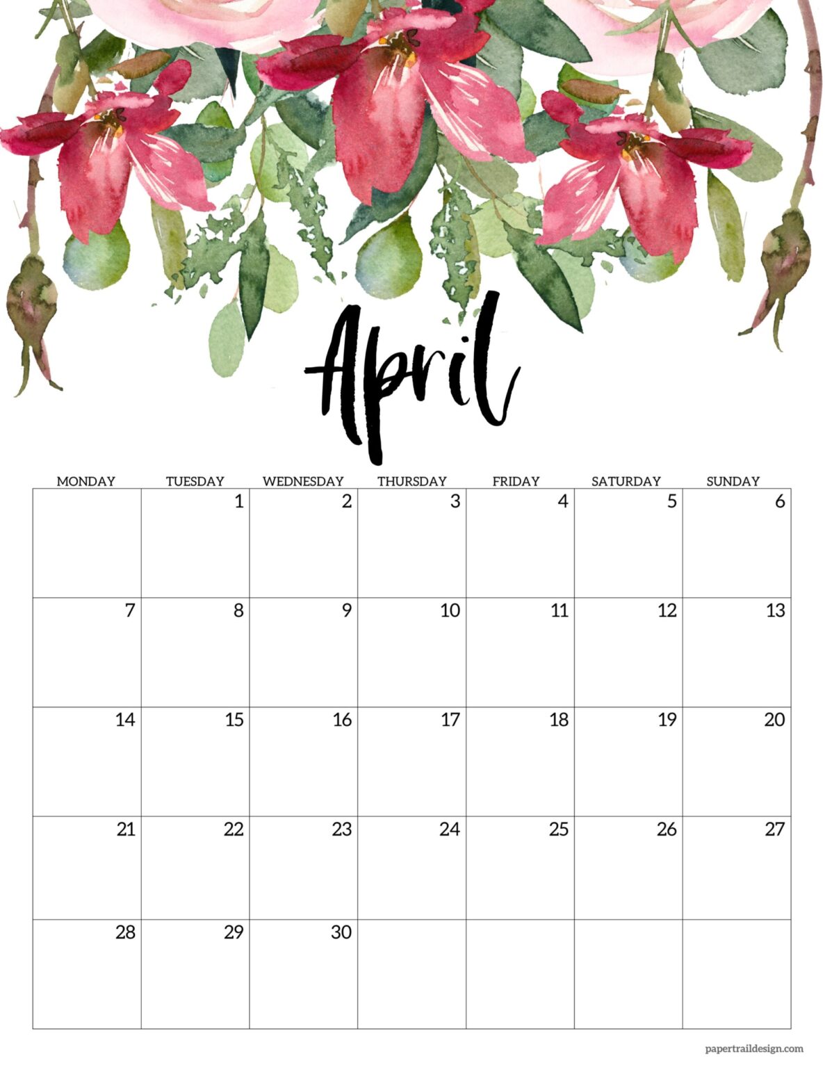 Free Printable 2025 Floral Calendar Monday Start Paper Trail Design