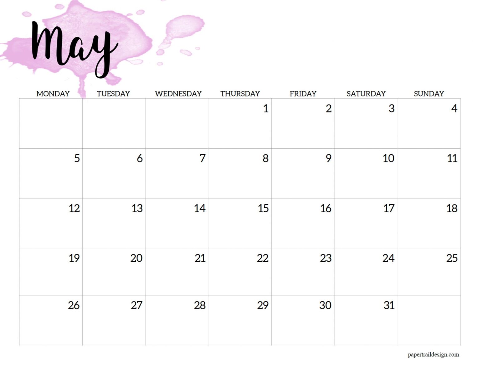 2025 Monday Start Calendar Printable - Watercolor - Paper Trail Design