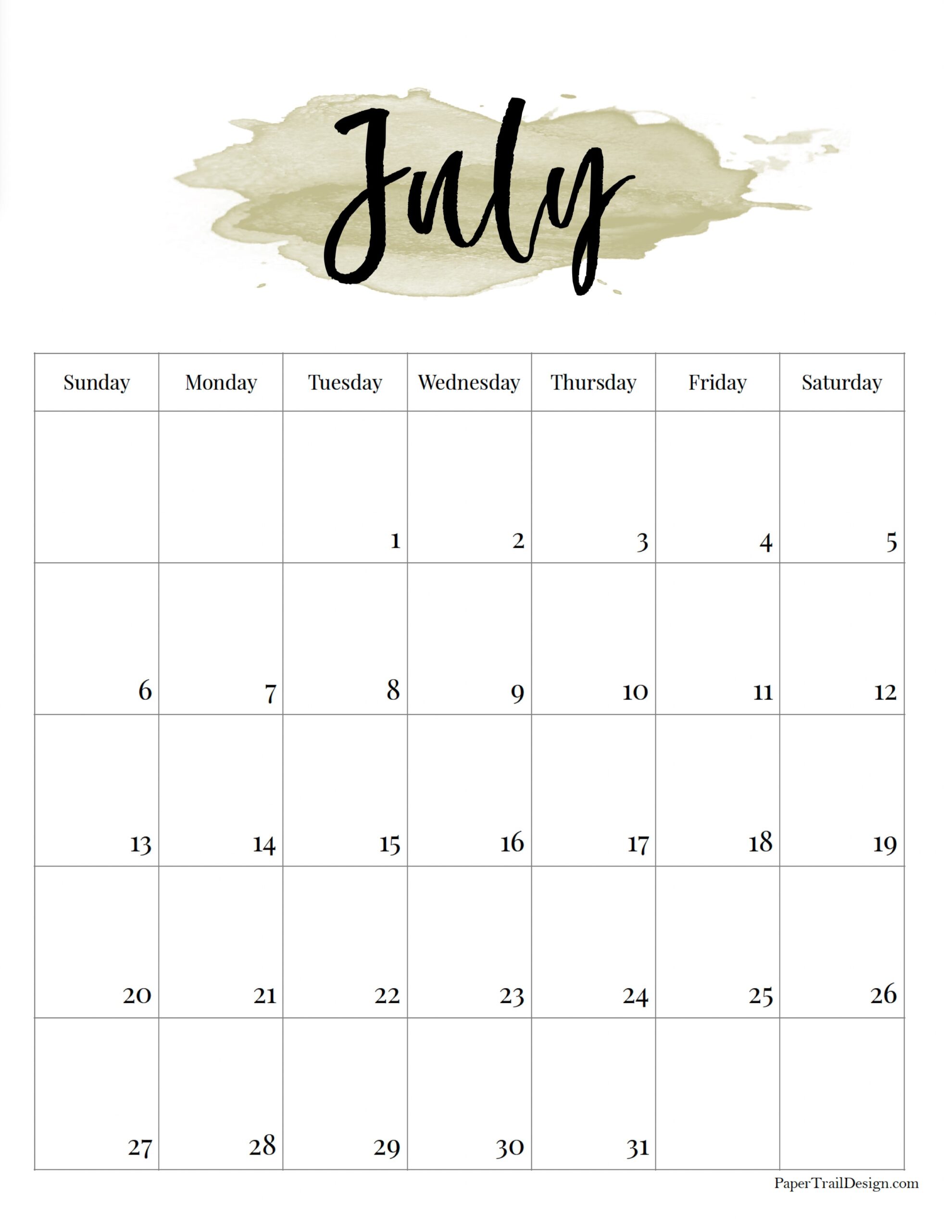 2025 Printable Calendar - Watercolor - Paper Trail Design