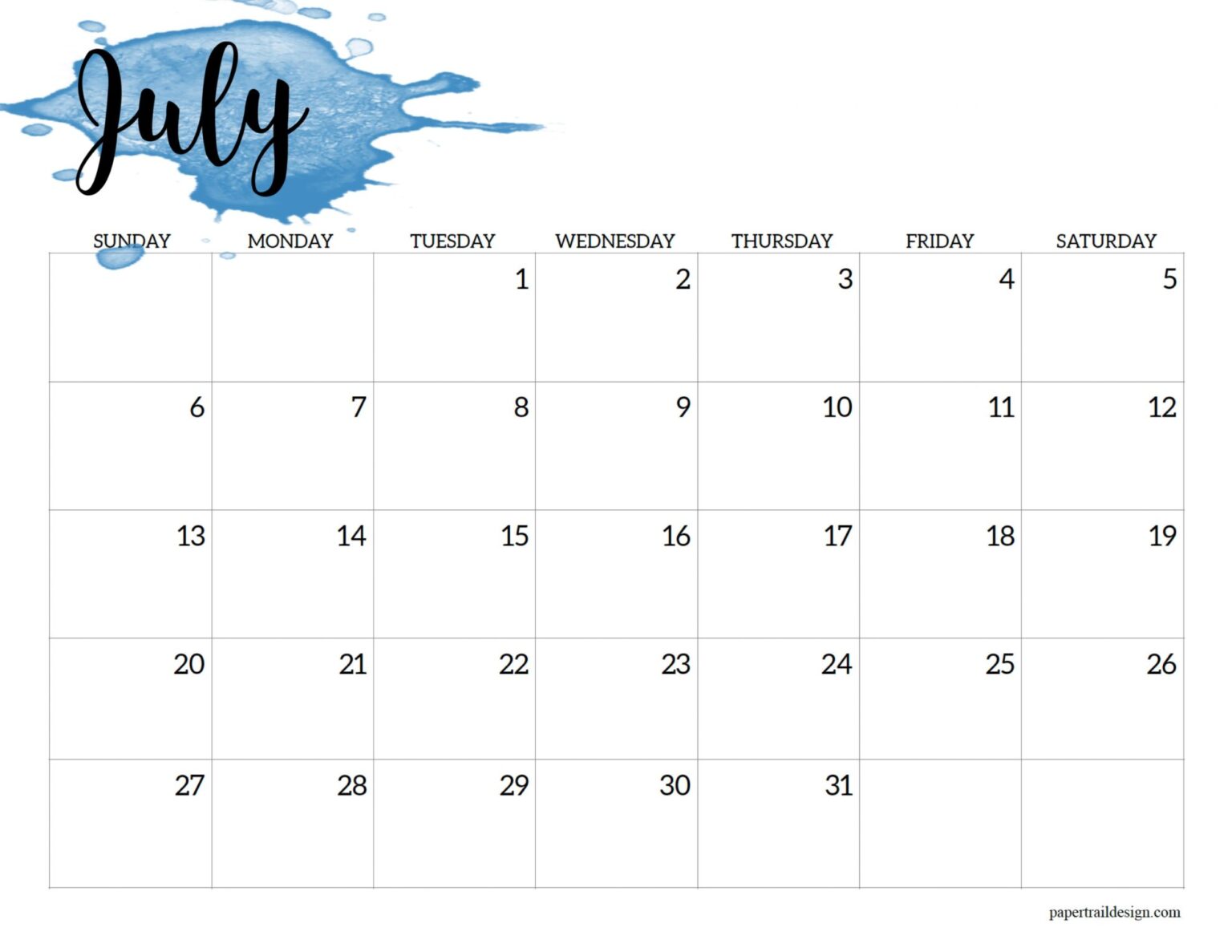 2025 Calendar Printable - Watercolor - Paper Trail Design