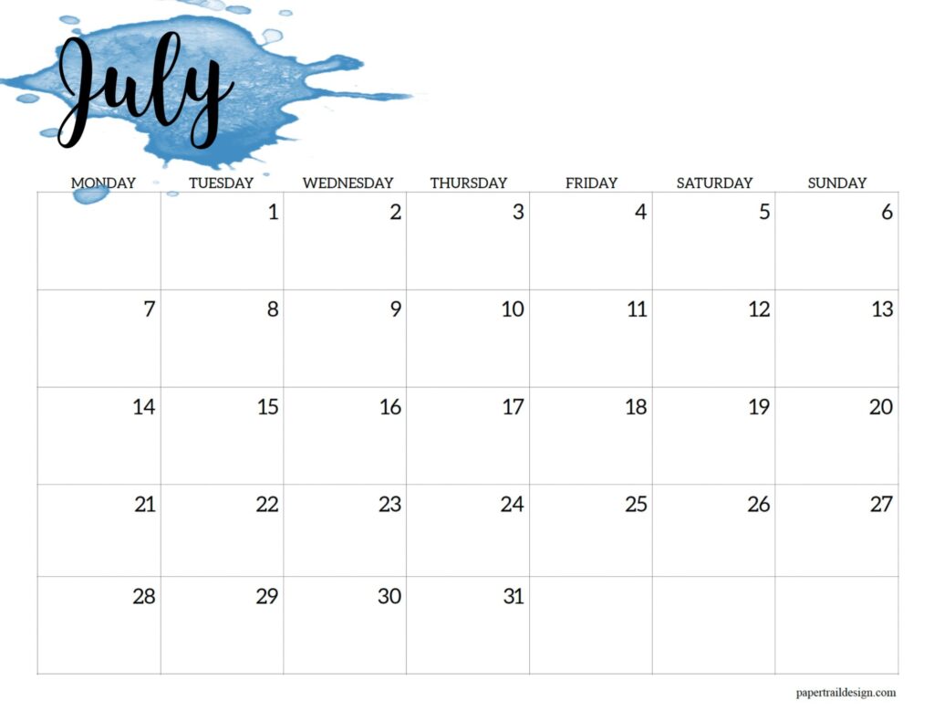 2025 Monday Start Calendar Printable - Watercolor - Paper Trail Design