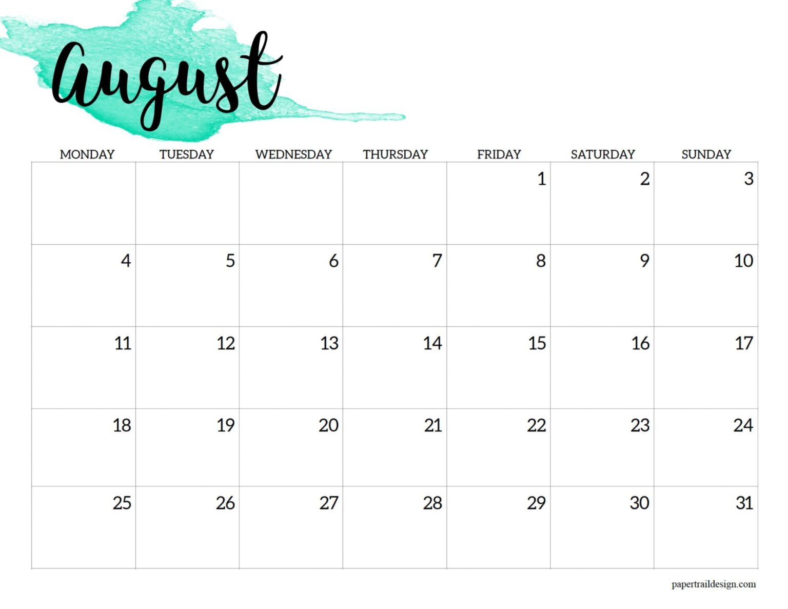 2025 Monday Start Calendar Printable Watercolor Paper Trail Design