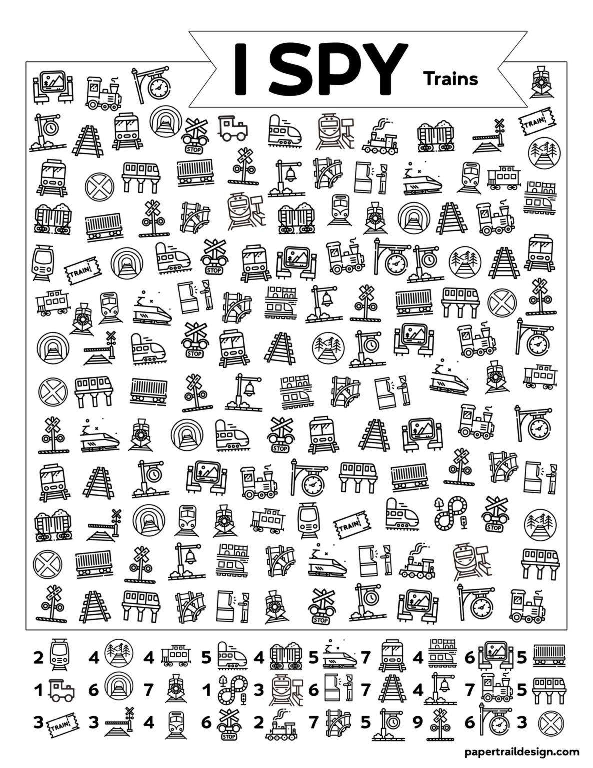 Free Printable I Spy Trains Activity Paper Trail Design