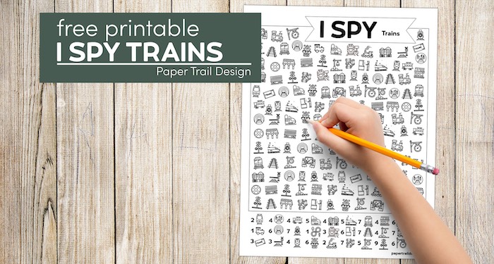 Kid trains activity page with text overlay- free printable I spy trains