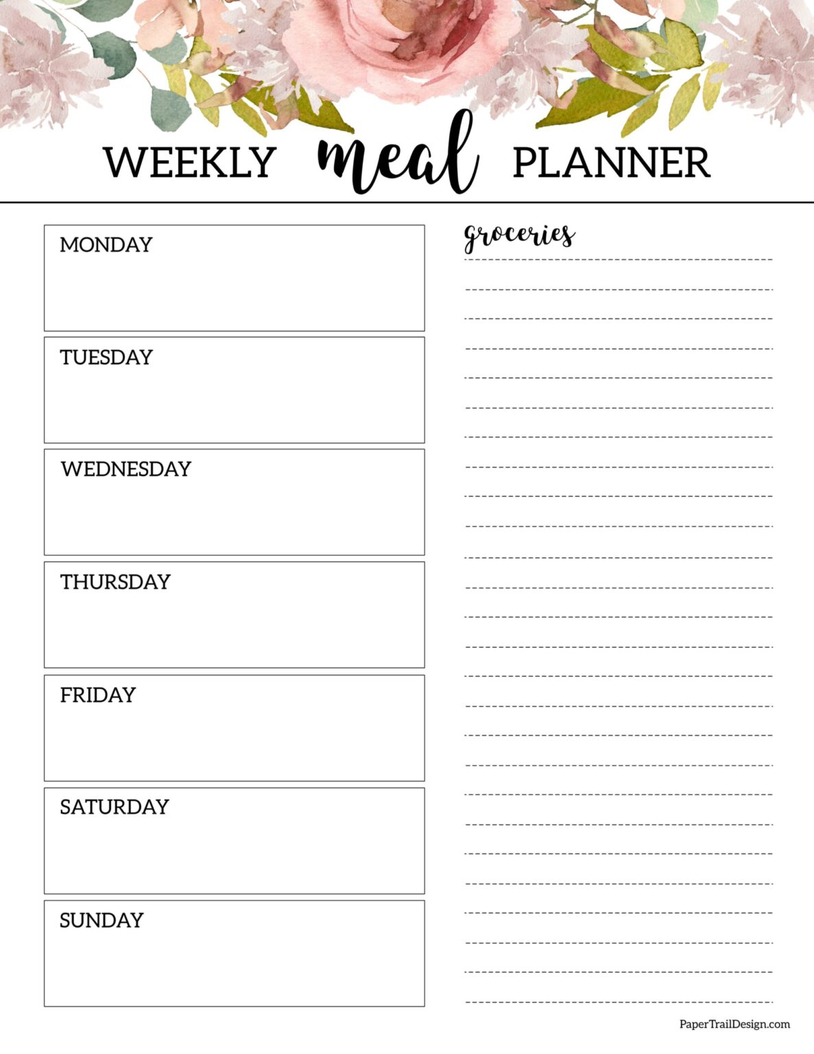 Floral Weekly Meal Planner Template - Paper Trail Design