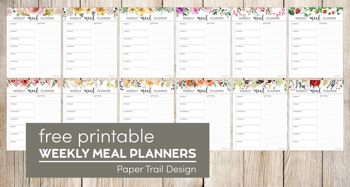 12 floral weekly meal planner template pages to print with text overlay- free printable weekly meal planners