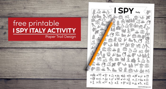Kids Italy themed activity learning page with text overlay- free printable I spy Italy activity