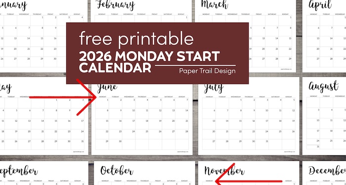 Cute Monday start calendar pages for 2026 with text overlay- free printable 2026 Monday start calendar