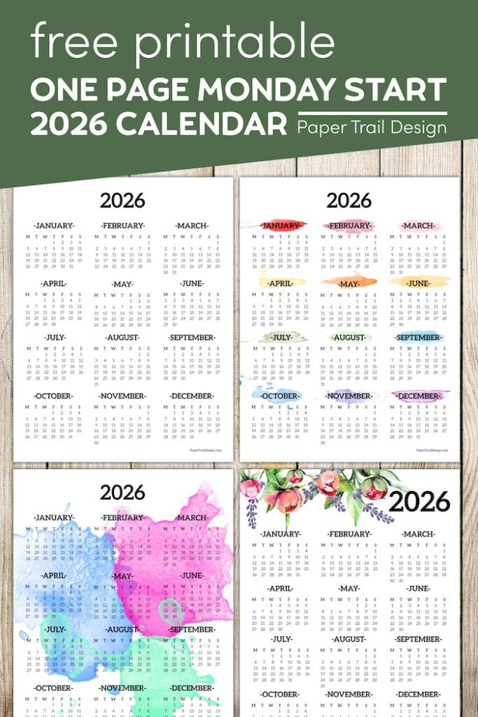 2026 Monday Start Calendar One Page - Paper Trail Design