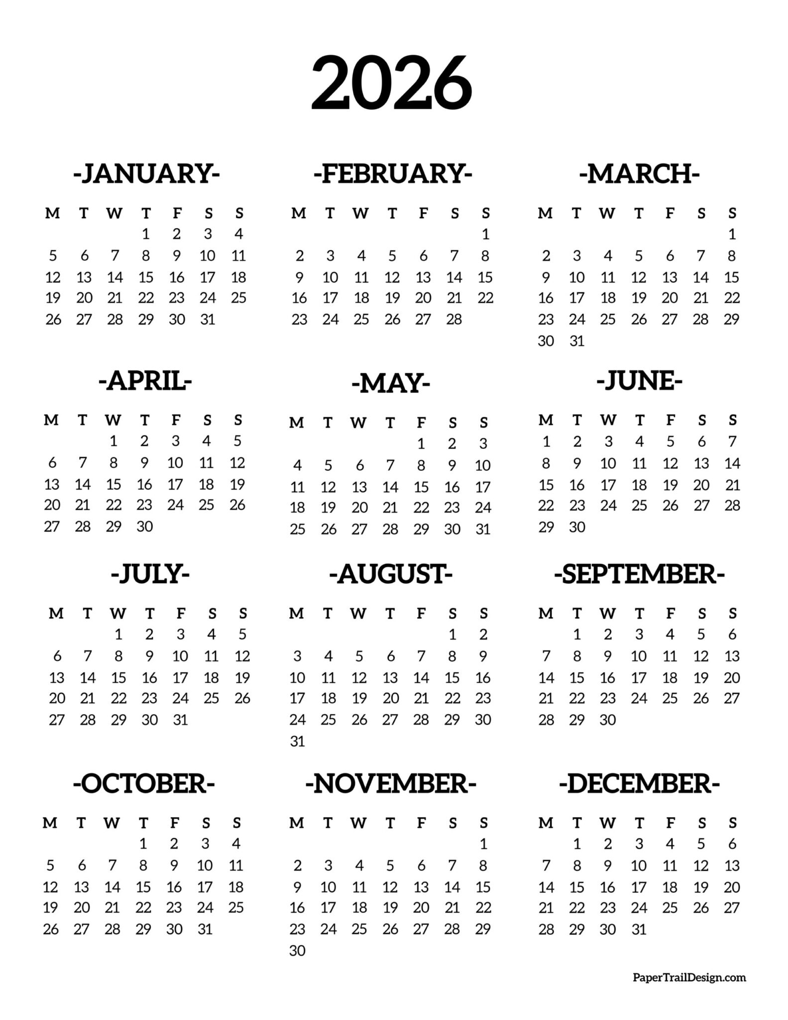 2026 Monday Start Calendar One Page Paper Trail Design