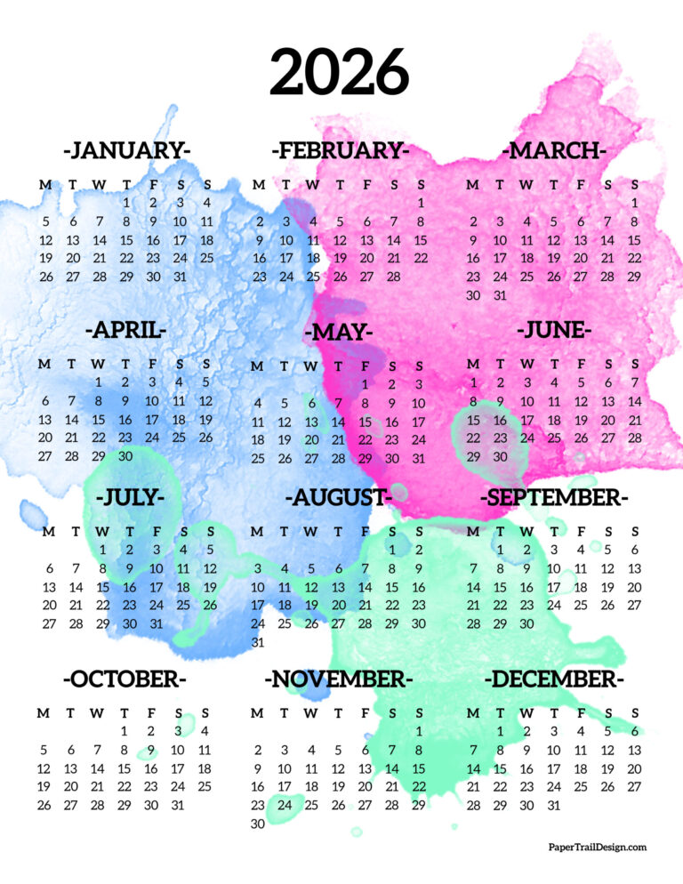 2026 Monday Start Calendar One Page Paper Trail Design