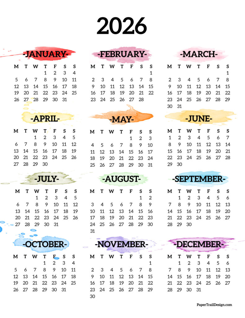 2026 Monday Start Calendar One Page Paper Trail Design